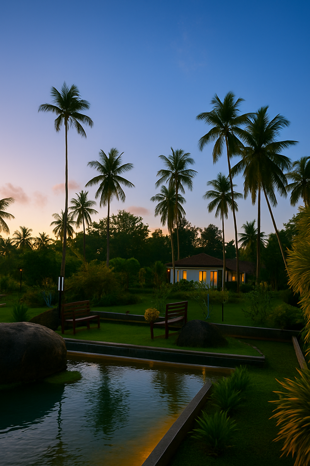 Luxury resort villa surrounded by palm trees and a pond at sunset